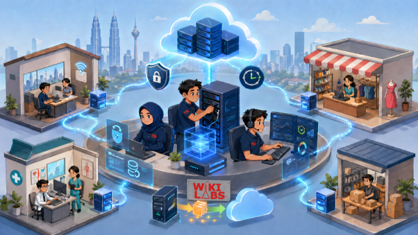 Illustration of Wiki Labs supporting Malaysian SMEs with cloud infrastructure, virtualization servers, backup protection, monitoring dashboards, and connected business sites. Illustration of Wiki Labs supporting Malaysian SMEs with cloud infrastructure, virtualization servers, backup protection, monitoring dashboards, and connected business sites.
