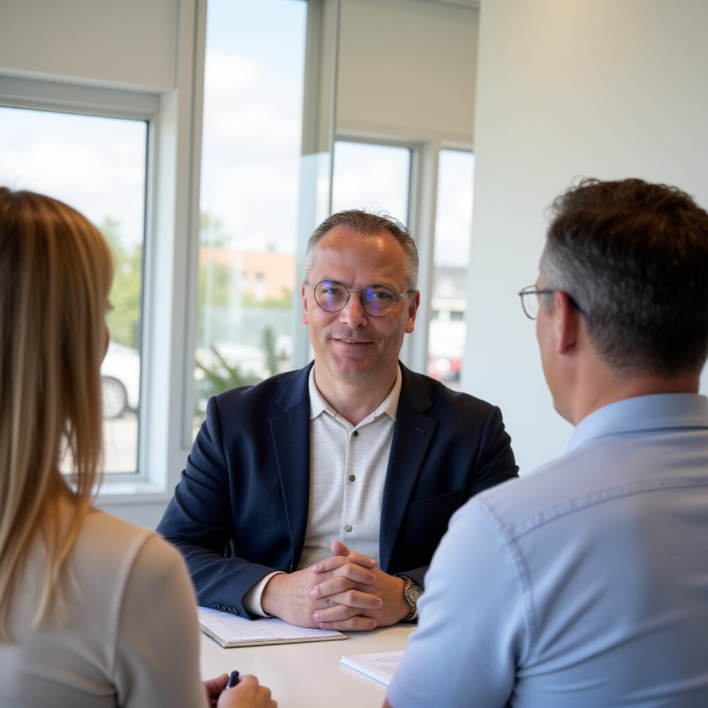 Medewerker Ontzorgdesk aan tafel  in gesprek met 2 medewerkers organisatie