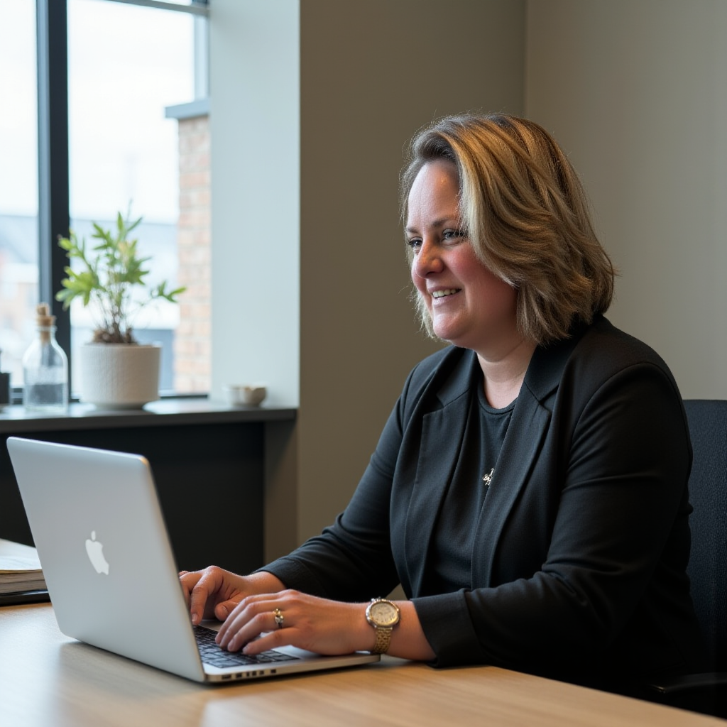 Margriet achter haar laptop op kantoor