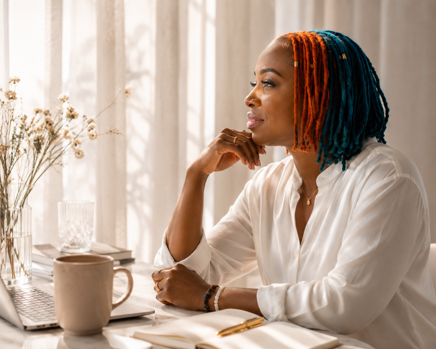 Founder in a calm workspace