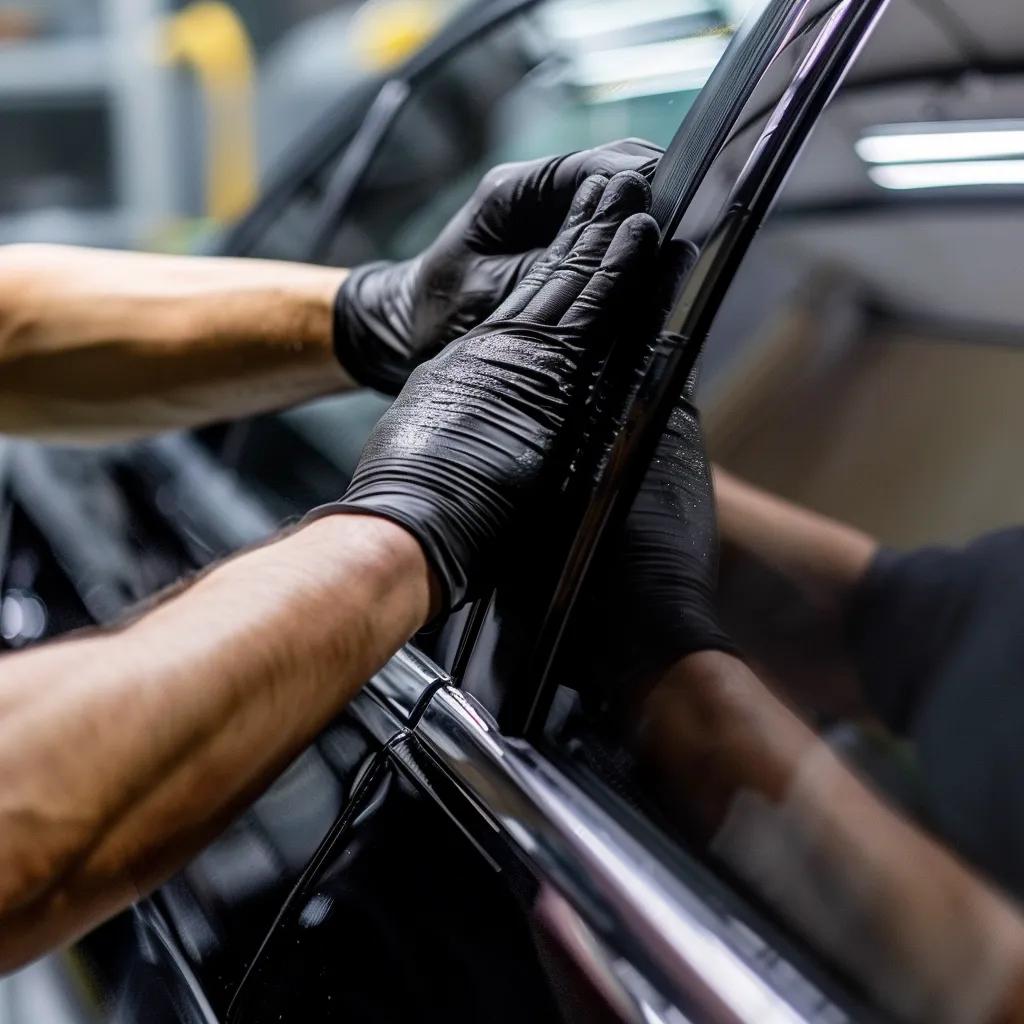 Technician installing ceramic window tint to a car window