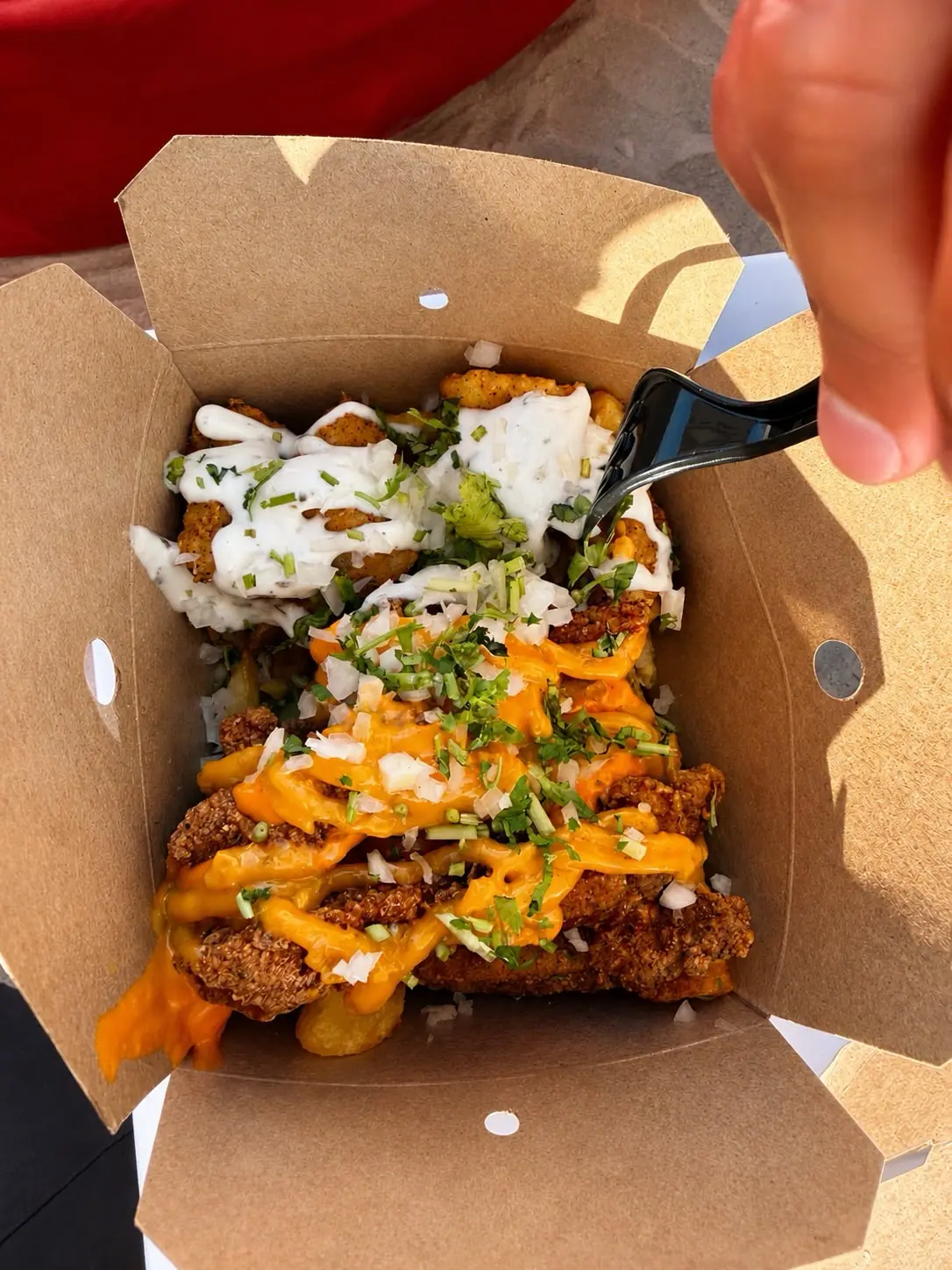 CHIPZ London loaded chicken and chips topped with creamy and spicy sauces, onions and fresh herbs