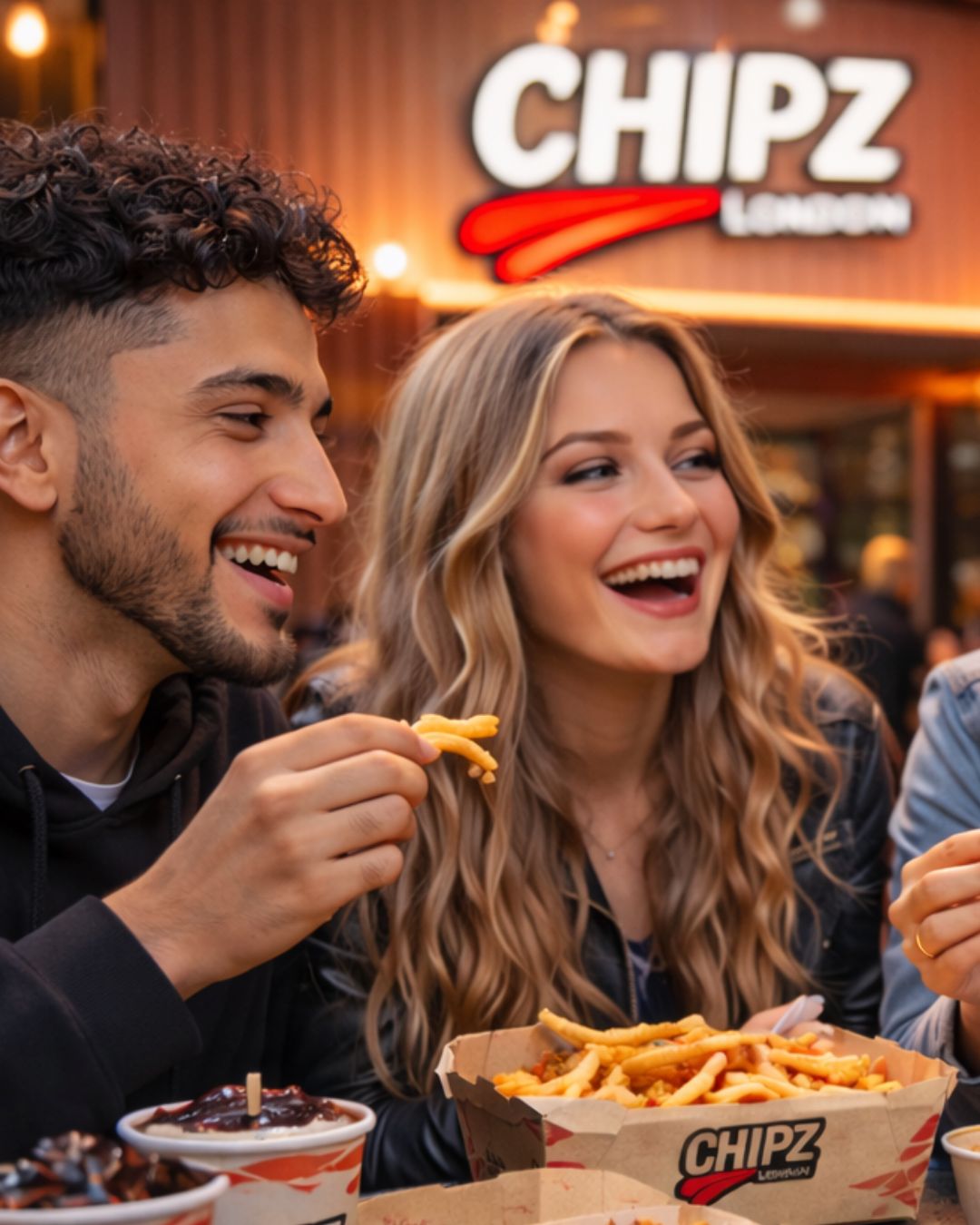 Friends enjoying London style chips and street food at CHIPZ London in Cairo