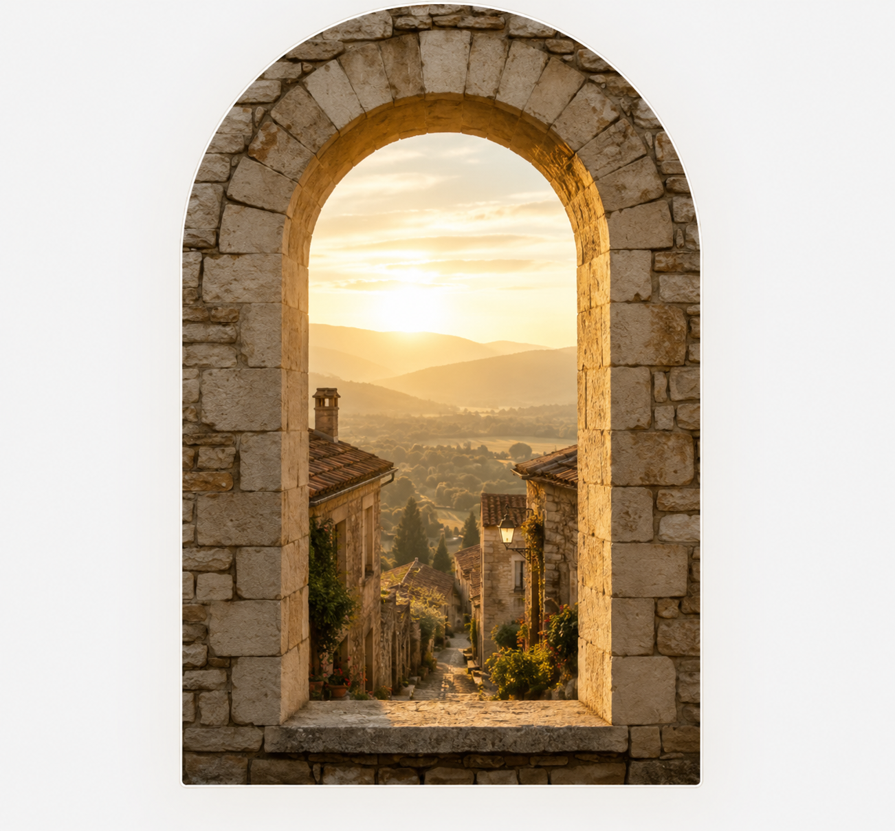 Stone arch overlooking Gioia Village at golden hour