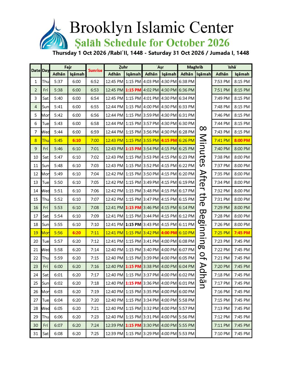 Salah Calendar October