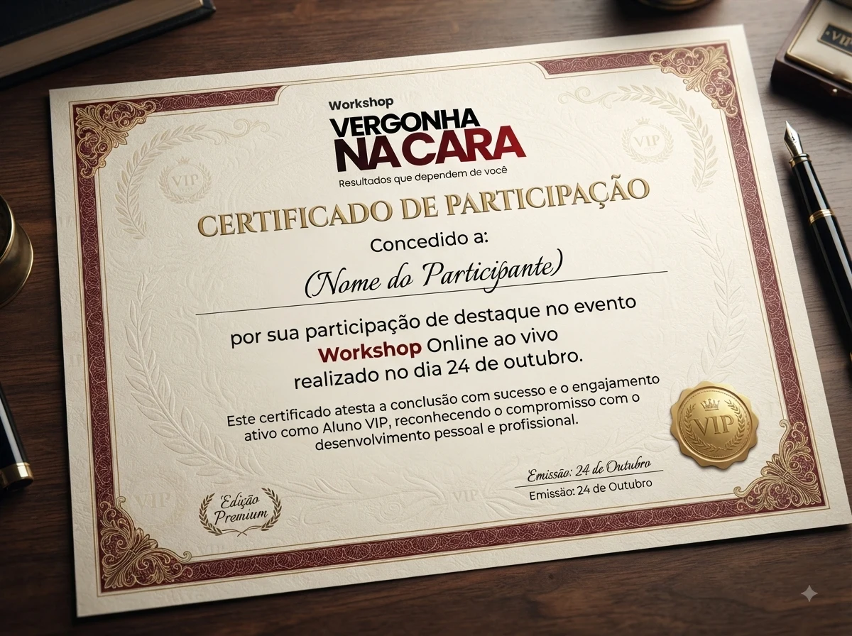Certificado de participação do Workshop Vergonha na Cara, para alunos VIP