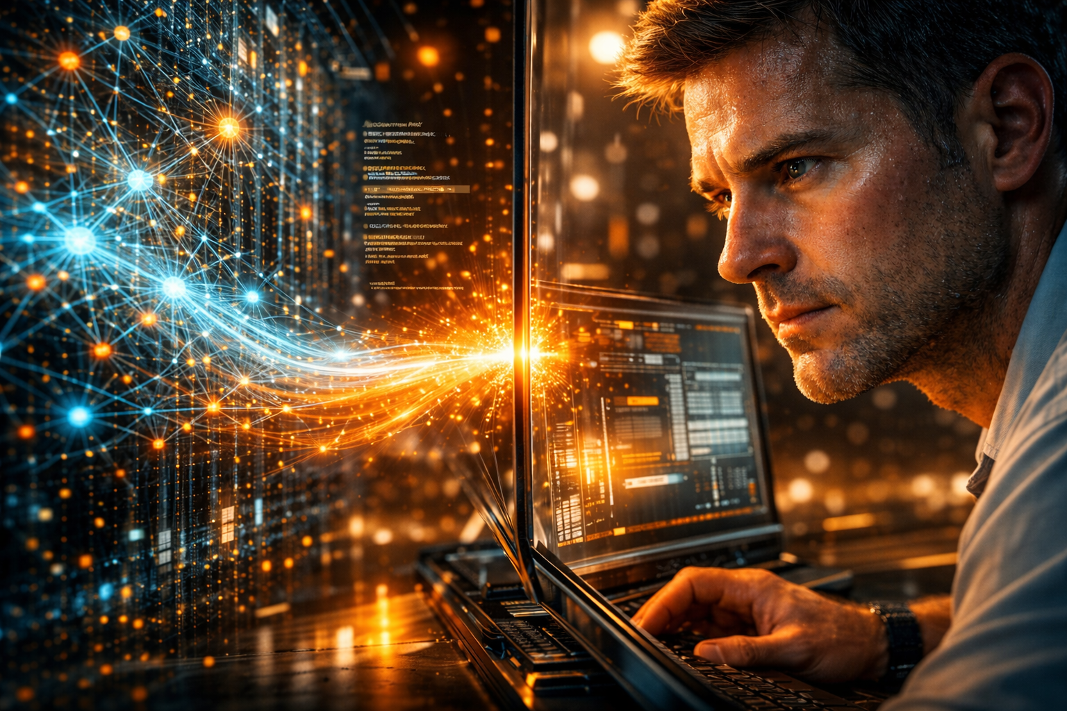 A technical support agent receiving a real-time AI context brief and customer transcript on a laptop, optimized by All City Marketing for seamless AI-to-human handoffs. A technical support agent receiving a real-time AI context brief and customer transcript on a laptop, optimized by All City Marketing for seamless AI-to-human handoffs.