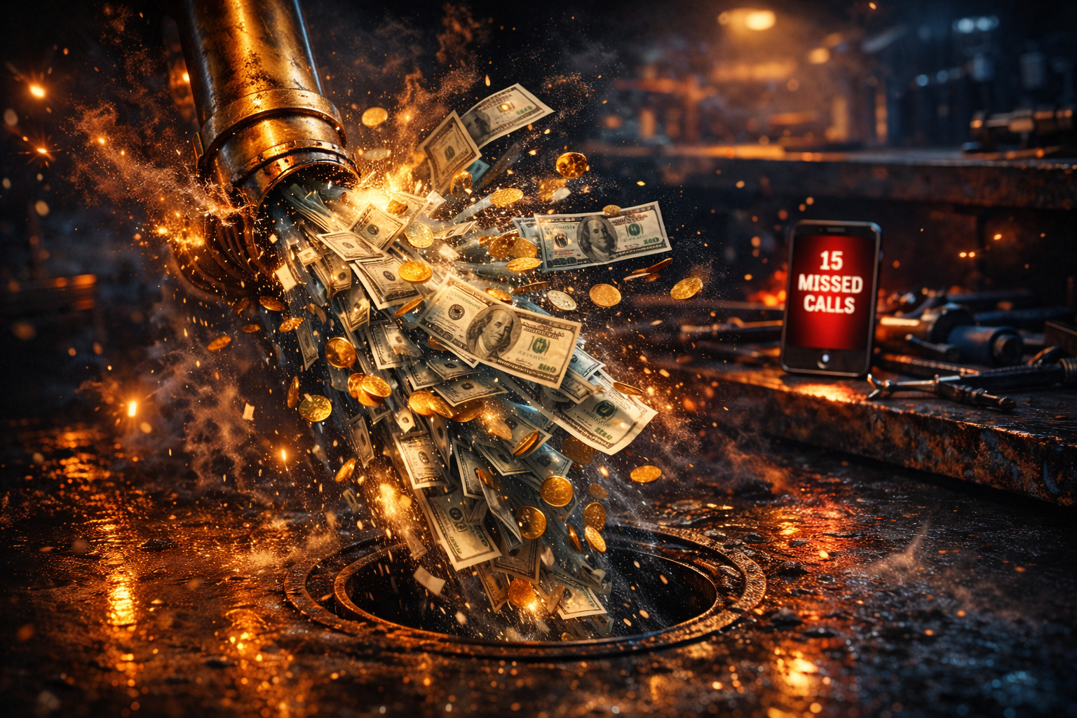 Alt Text: Cinematic 8K visualization of a plumbing revenue leak showing money draining from a pipe, representing the $124,800 annual loss for small businesses. Alt Text: Cinematic 8K visualization of a plumbing revenue leak showing money draining from a pipe, representing the $124,800 annual loss for small businesses.