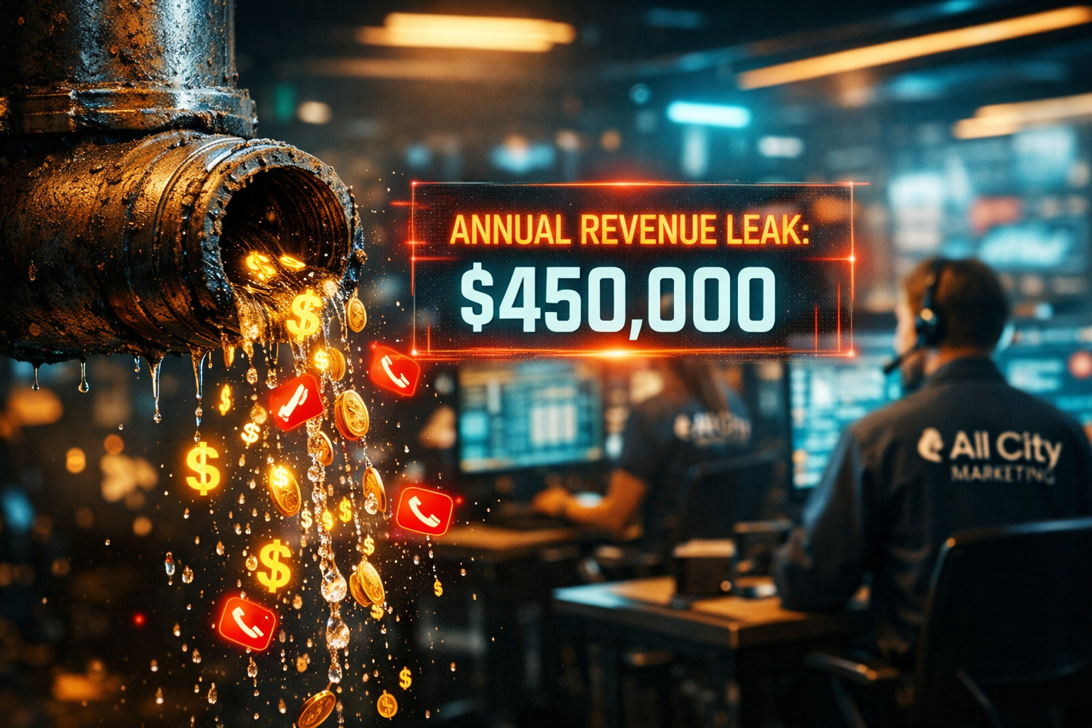 For your Alt Text (for SEO) box, you want a description that tells Google's "image bots" exactly what the visual represents while hitting your core plumbing and revenue keywords.  Copy and paste this into the box:  Digital plumbing leak visualization with $450,000 currency icons and ServiceTitan integration graphics for AI-driven revenue recovery.