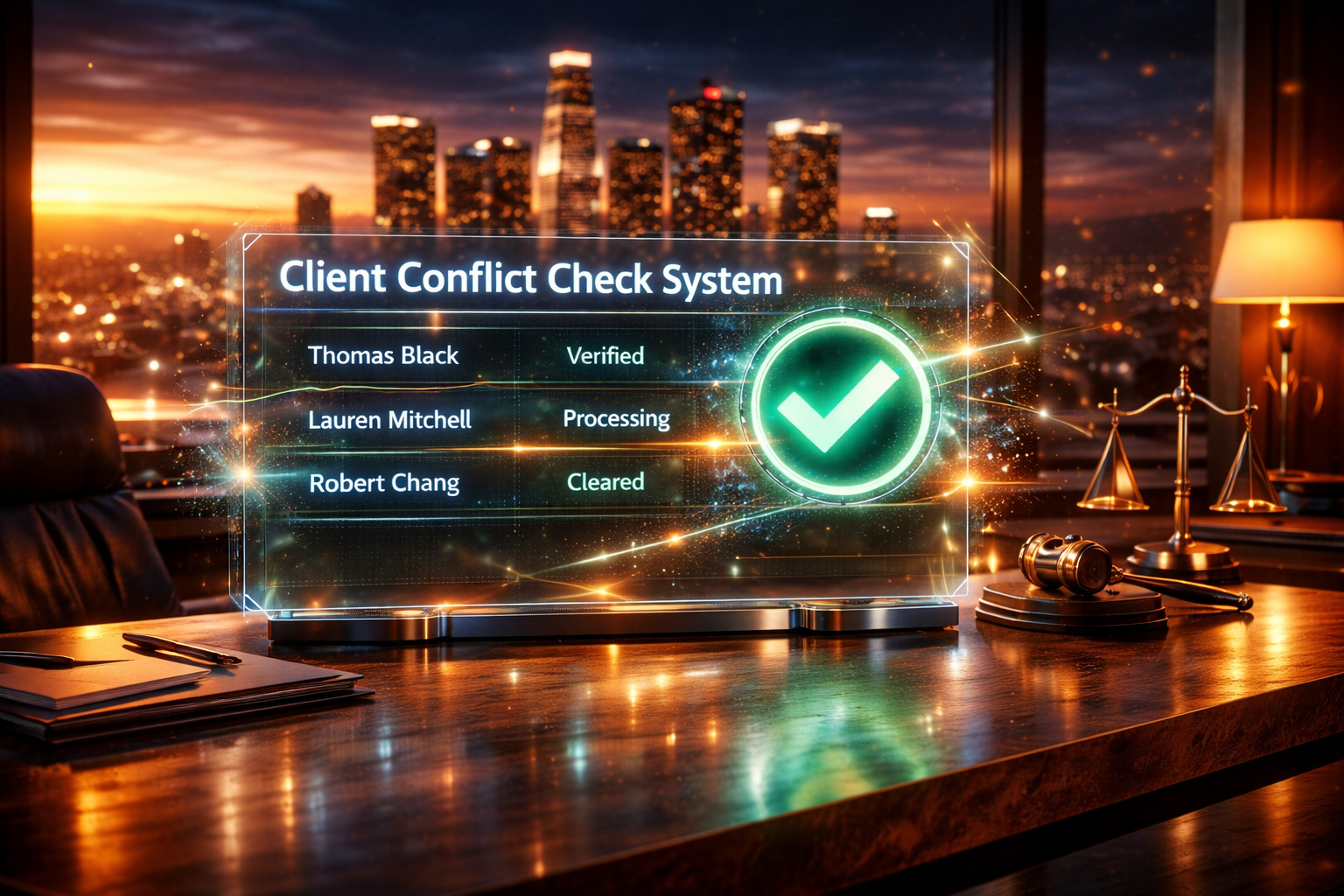 "Holographic AI interface for a client conflict check system showing verified, processing, and cleared status in a modern law office setting."