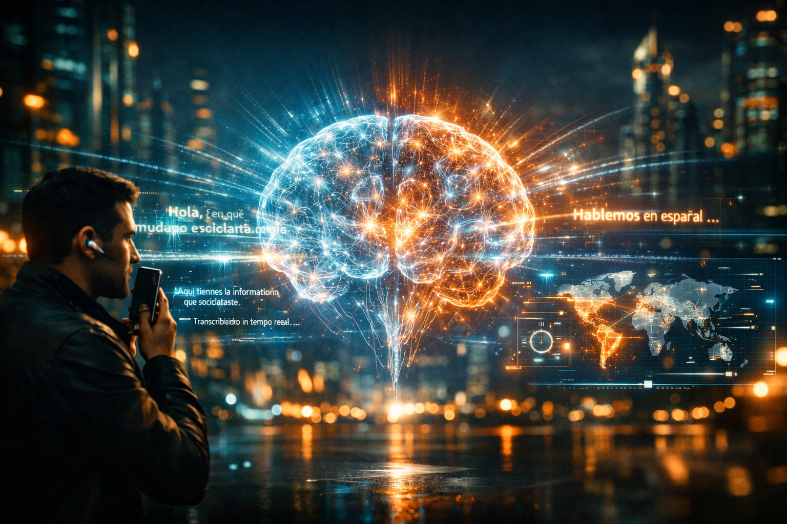 "A person interacting with a futuristic digital interface featuring a glowing, neural-network brain and a world map, representing Voice AI technology with real-time Spanish dialect recognition and translation."