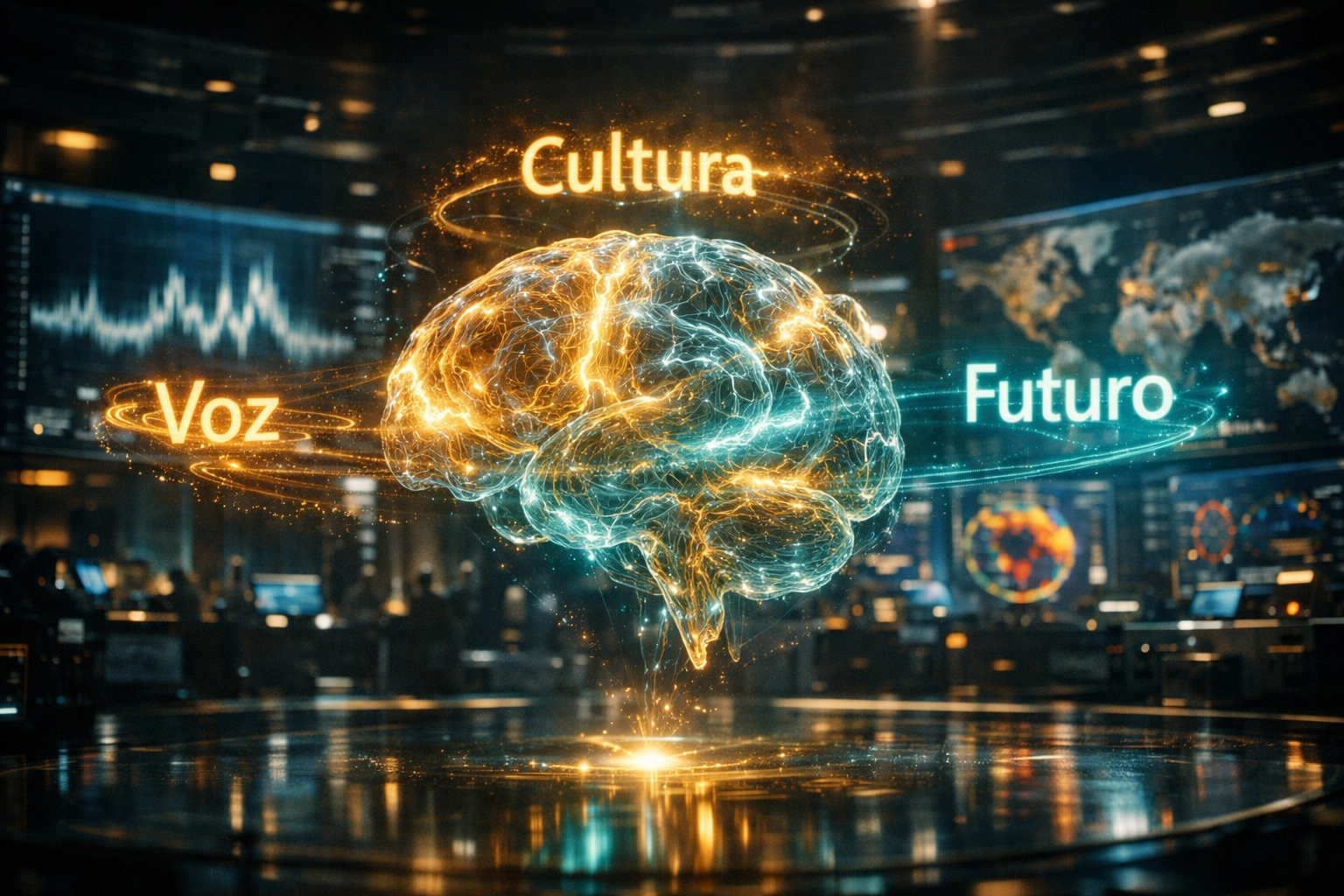 "Digital brain visualization representing bilingual Voice AI technology, featuring the concepts of Voz, Cultura, and Futuro in a high-tech interface."