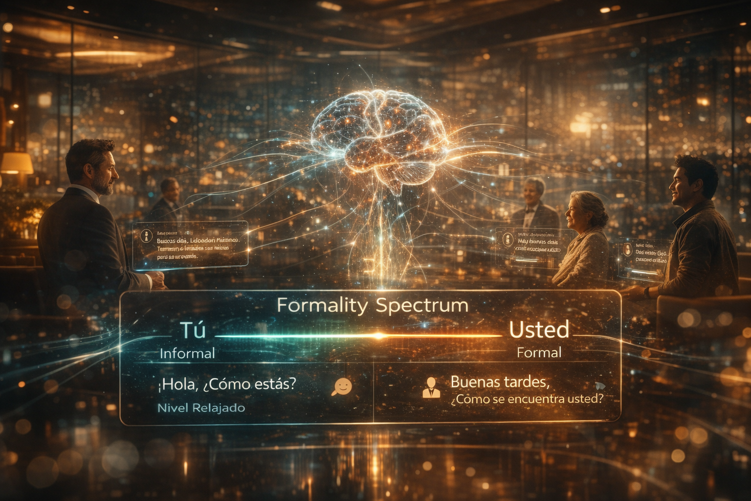 "AI-powered Formality Spectrum interface displaying Spanish language cultural intelligence, showing Tú versus Usted contextual mapping for professional voice automation."
