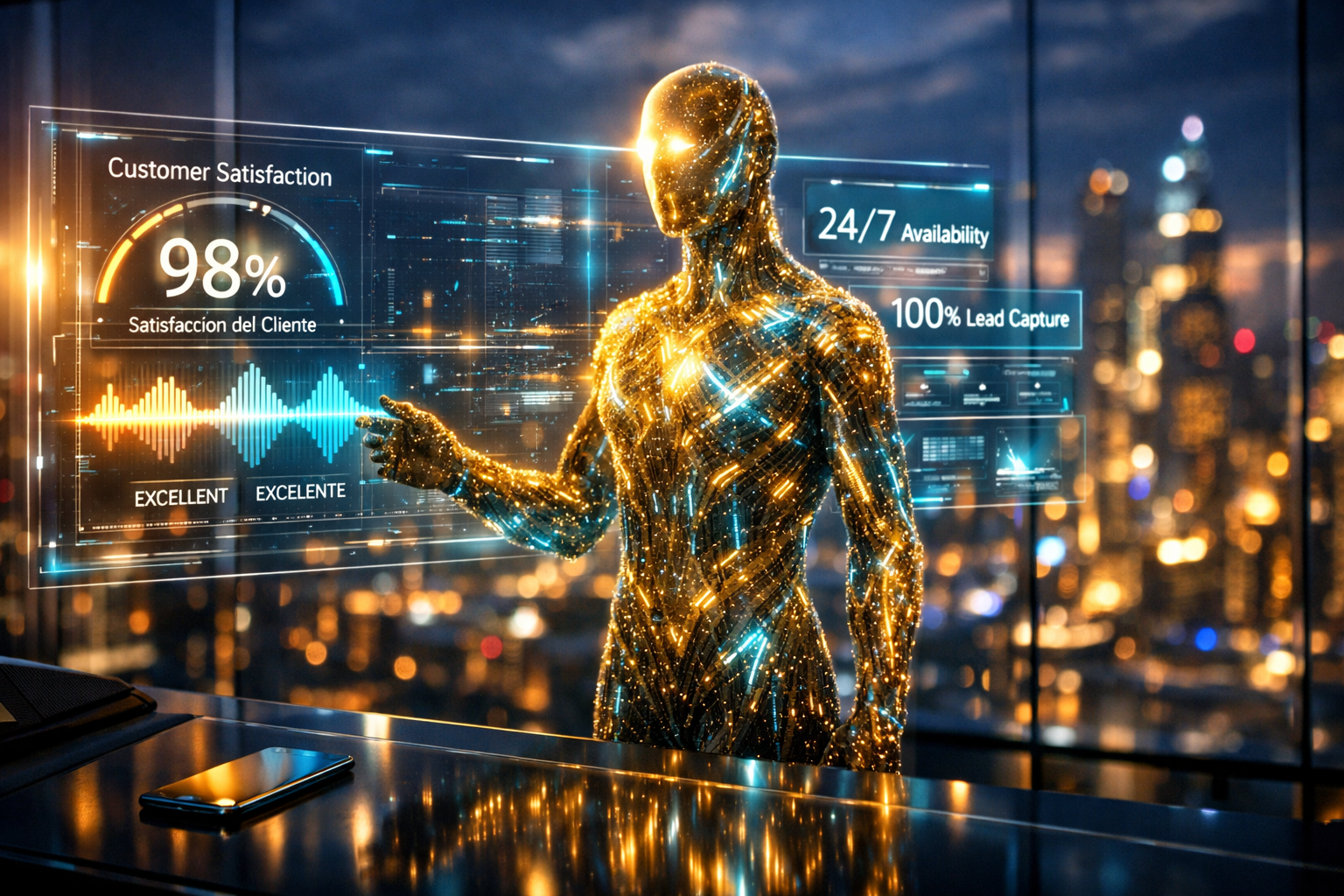 Futuristic AI Voice Assistant Nova providing real-time bilingual customer service metrics and 100% lead capture for All-City Marketing.