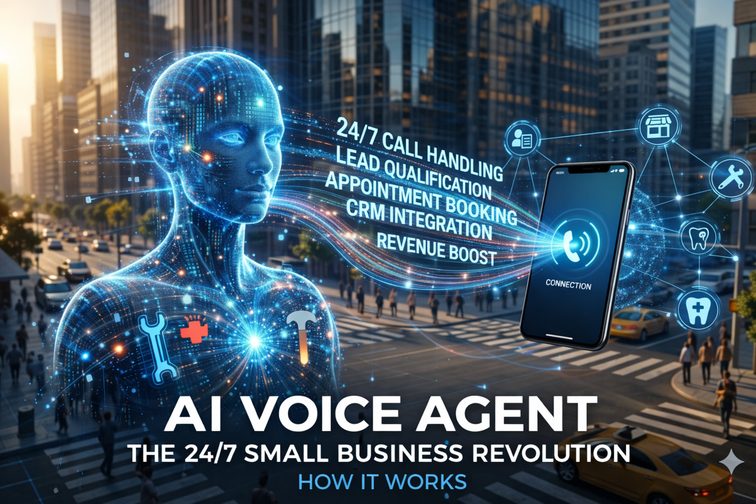 "A futuristic digital illustration representing an 'AI Voice Agent' for small business automation. A glowing, translucent human figure stands on a city street, connected by digital lines to a smartphone displaying a 'CONNECTION' icon. Floating text around the figure reads 'AI VOICE AGENT' and 'THE 24/7 SMALL BUSINESS REVOLUTION,' while a list of services including '24/7 CALL HANDLING,' 'LEAD QUALIFICATION,' 'APPOINTMENT BOOKING,' 'CRM INTEGRATION,' and 'REVENUE BOOST' is displayed. The image also includes the text 'HOW IT WORKS.'" "A futuristic digital illustration representing an 'AI Voice Agent' for small business automation. A glowing, translucent human figure stands on a city street, connected by digital lines to a smartphone displaying a 'CONNECTION' icon. Floating text around the figure reads 'AI VOICE AGENT' and 'THE 24/7 SMALL BUSINESS REVOLUTION,' while a list of services including '24/7 CALL HANDLING,' 'LEAD QUALIFICATION,' 'APPOINTMENT BOOKING,' 'CRM INTEGRATION,' and 'REVENUE BOOST' is displayed. The image also includes the text 'HOW IT WORKS.'"