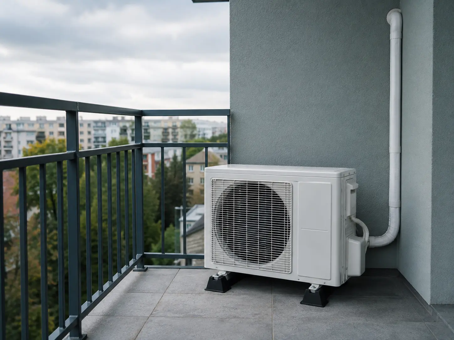 Jednostka zewnętrzna klimatyzacji ustawiona na balkonie mieszkania