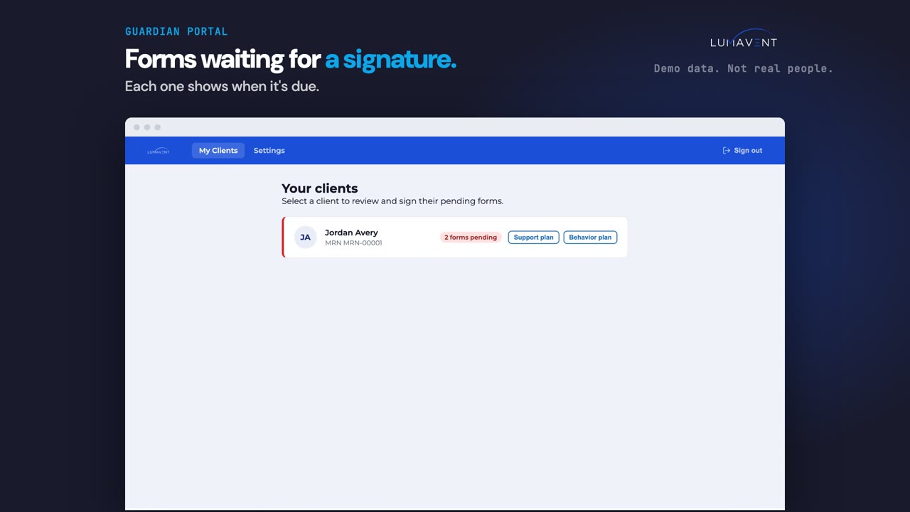 Lumavent guardian portal showing forms waiting for a signature, with demo data