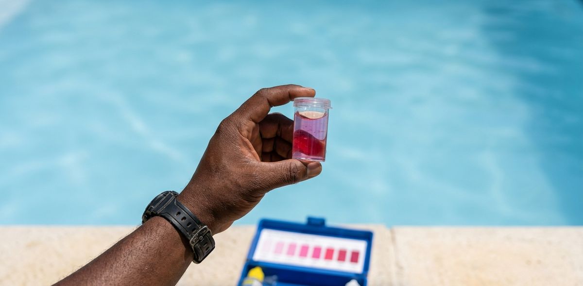 Pool Pond Spa technician testing pool water on site in Boksburg