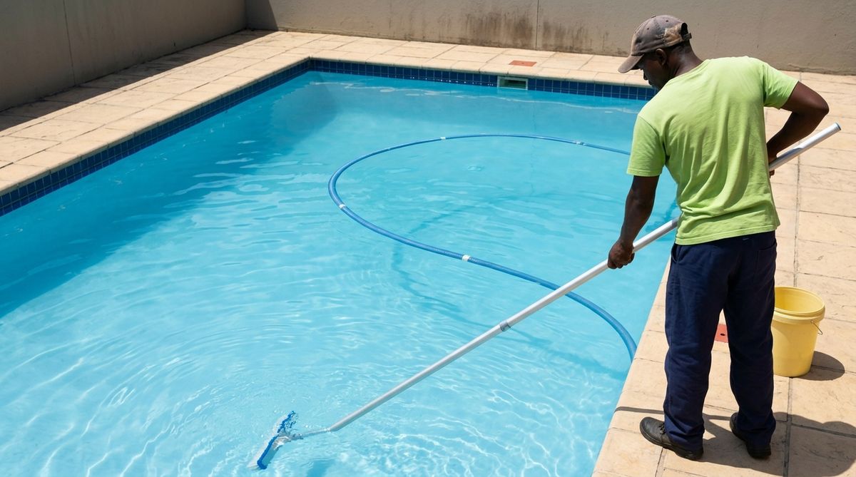 Pool Pond Spa technician brushing a Boksburg pool wall during a service
