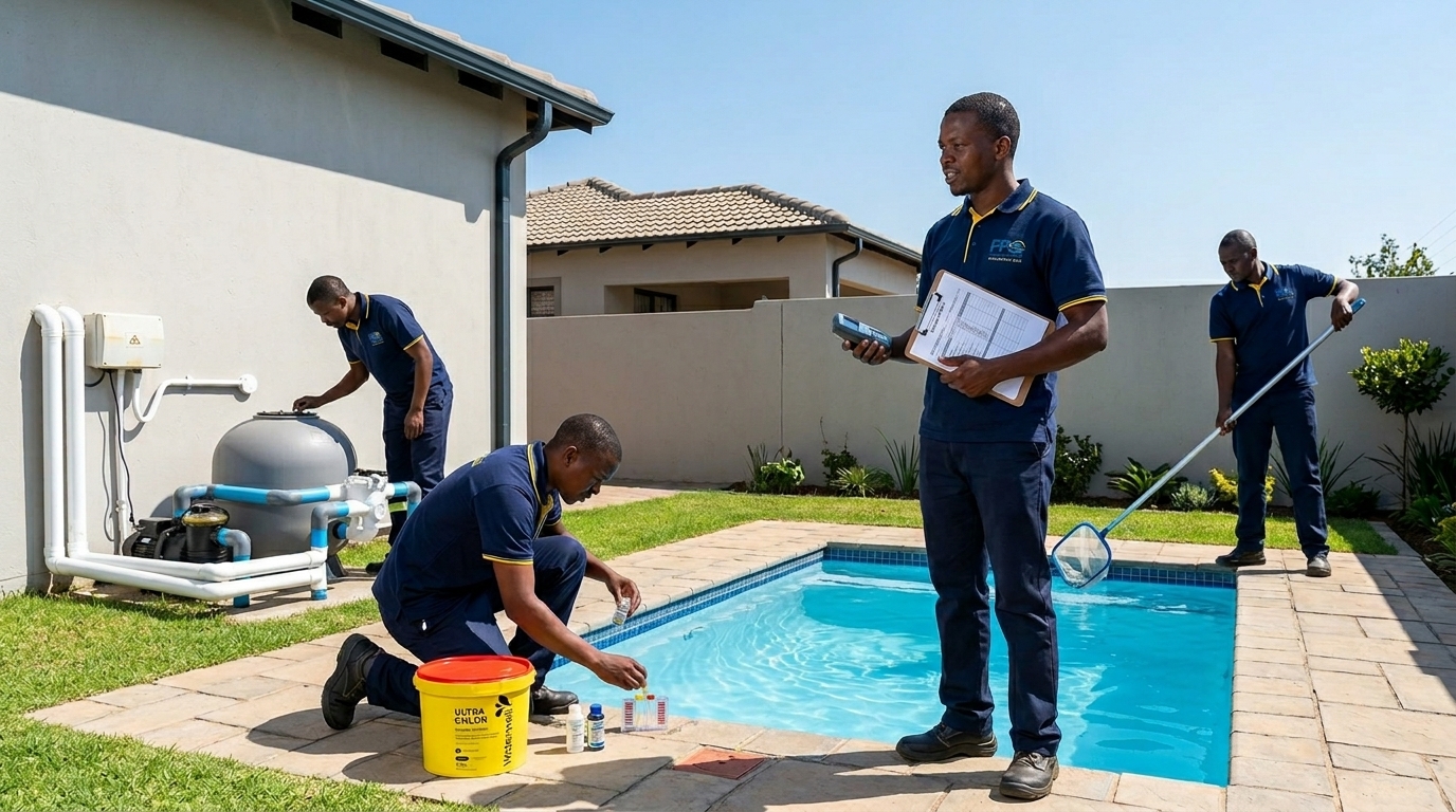 Pool Pond Spa technicians carrying out an on site pool inspection in an East Rand backyard, testing the water, checking the pump and sand filter, and skimming the pool surface
