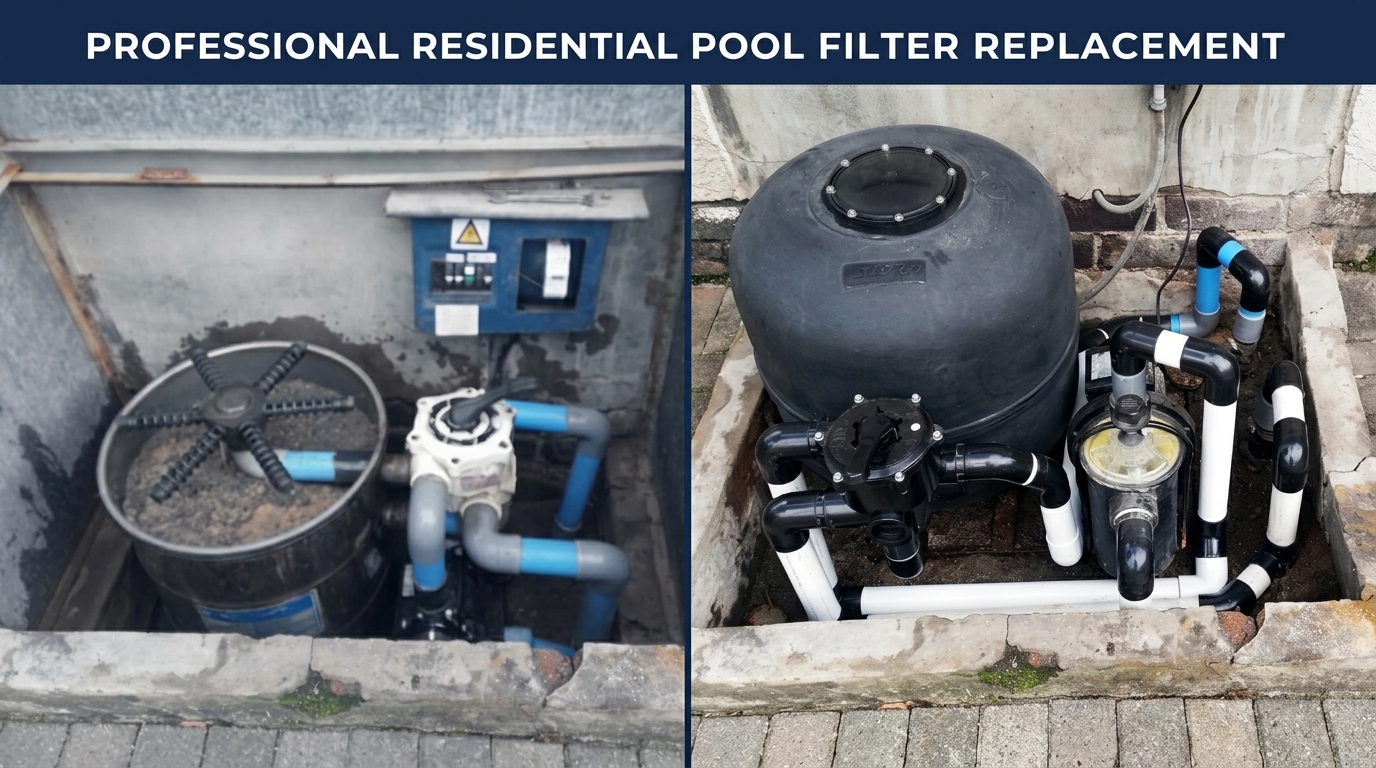 Before and after of a pool filter installation by Pool Pond Spa in Boksburg