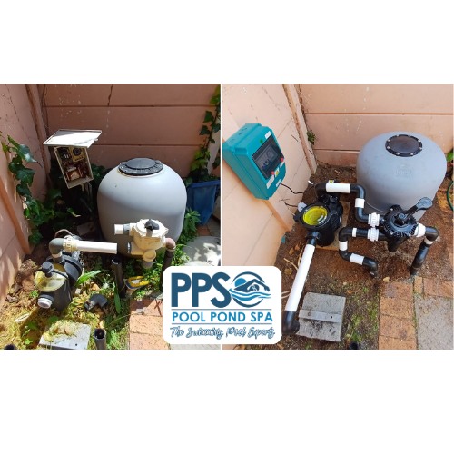 Before and after of a pool filter and chlorinator installation by Pool Pond Spa in Bedfordview