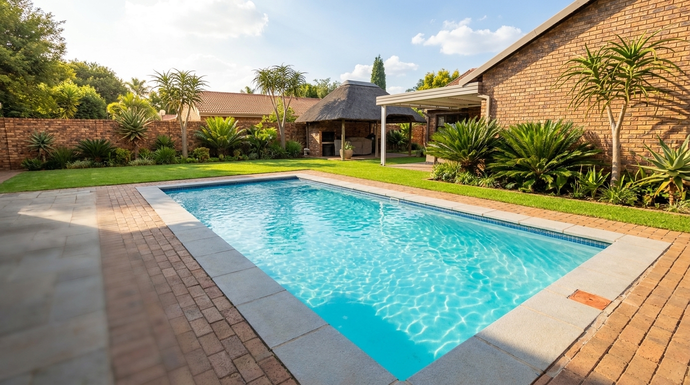 A sparkling clean family swimming pool in a sunny East Rand garden