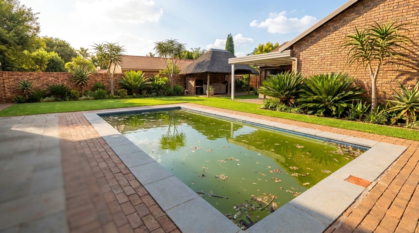A neglected green algae pool — the kind we sort out for Boksburg homeowners every week