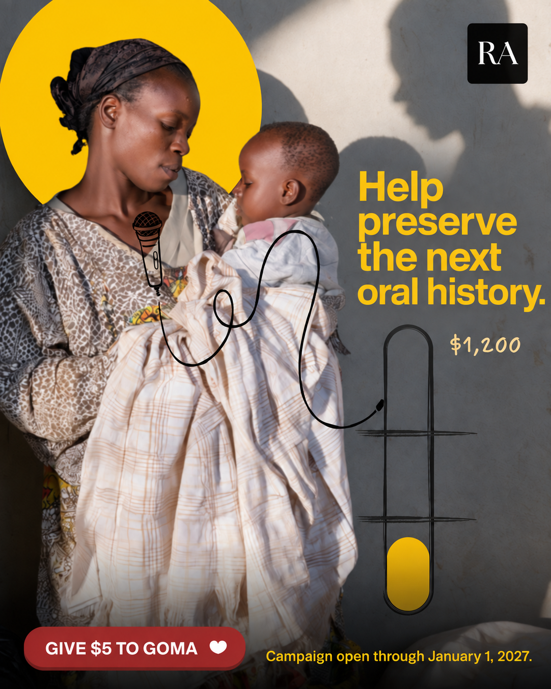 Goma Archive campaign graphic: Help preserve the next oral history.