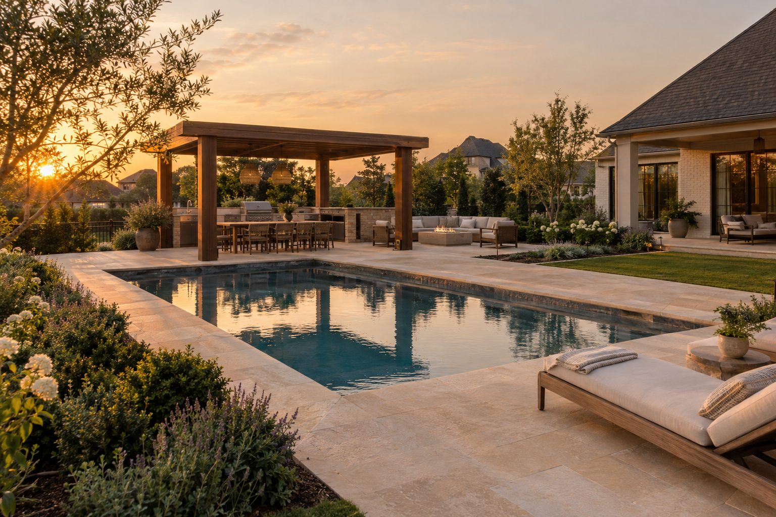 A completed outdoor living project at golden hour