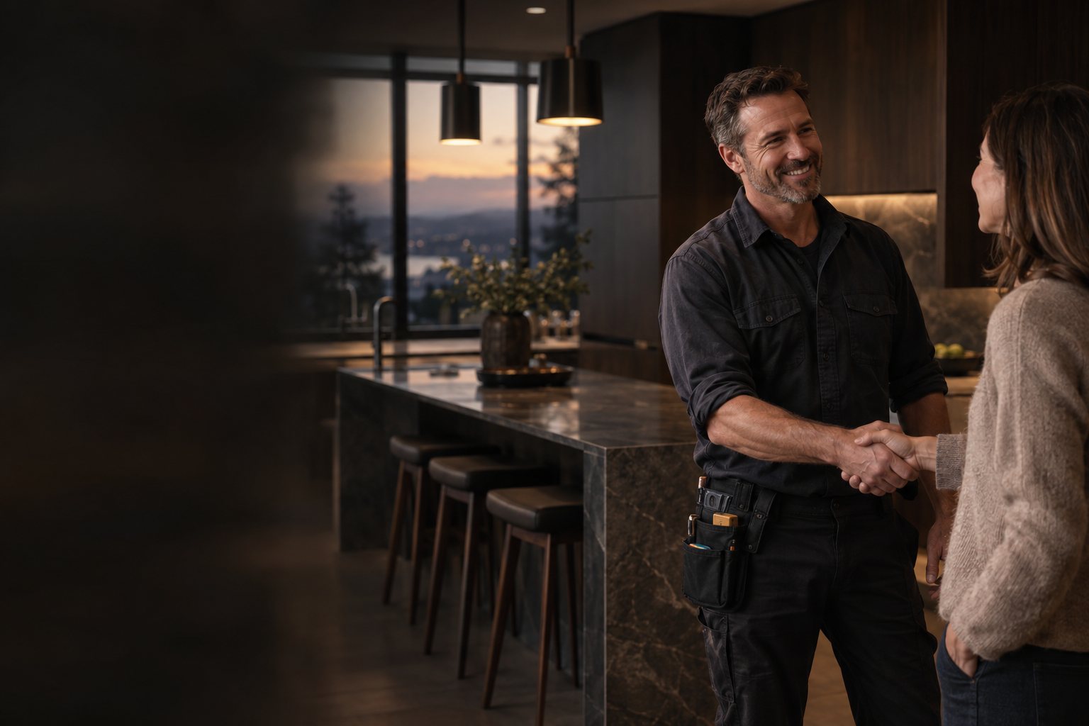 A contractor shaking hands with a homeowner in a newly completed kitchen