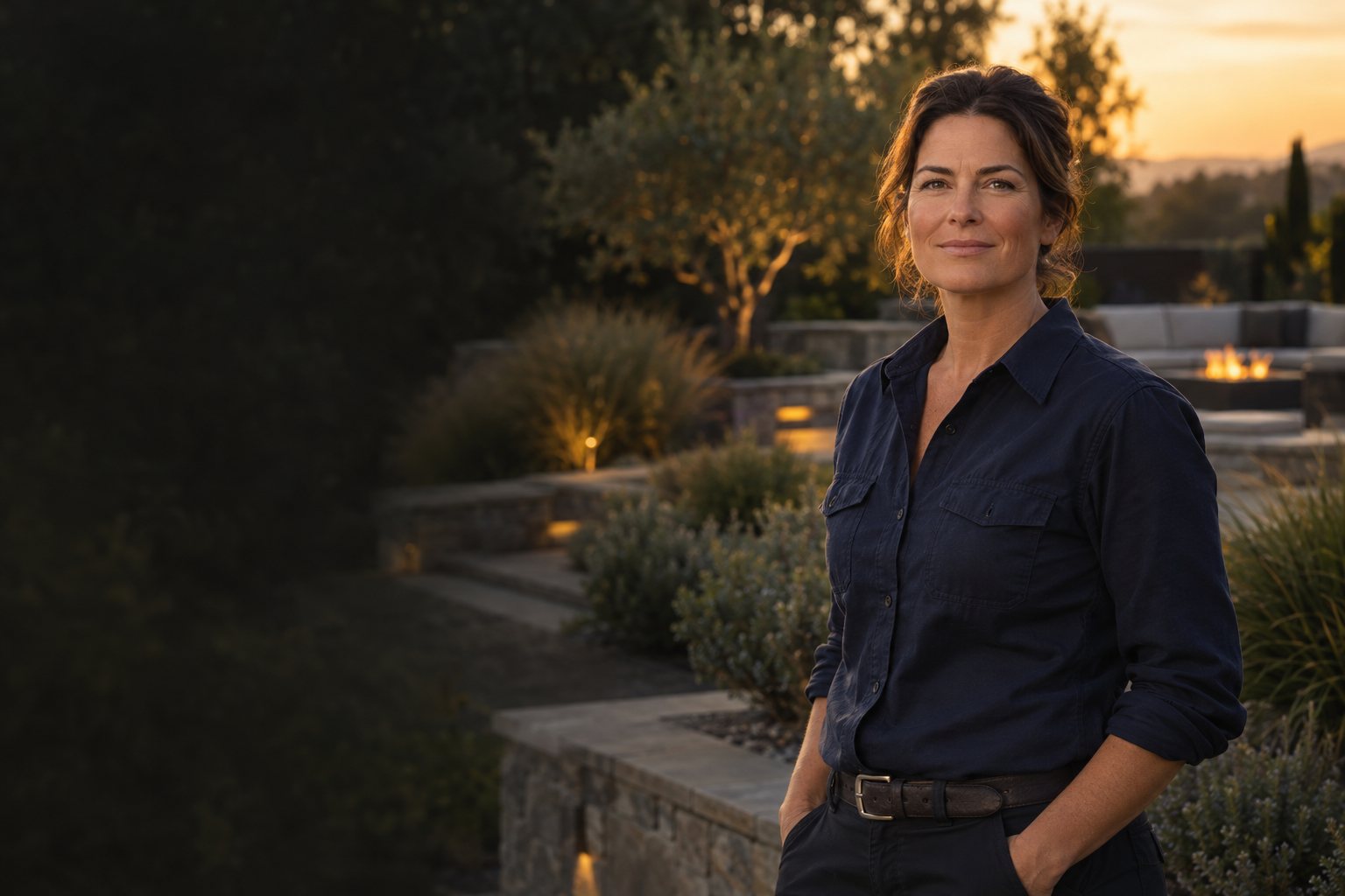 A business owner standing in her completed landscaping project at golden hour