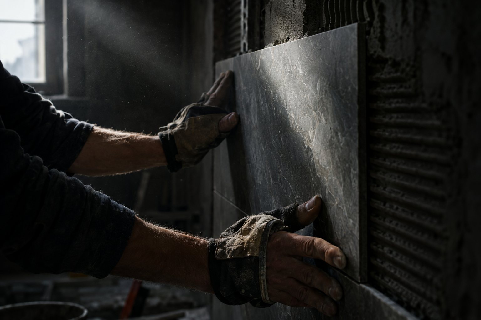 A craftsman fitting a stone tile
