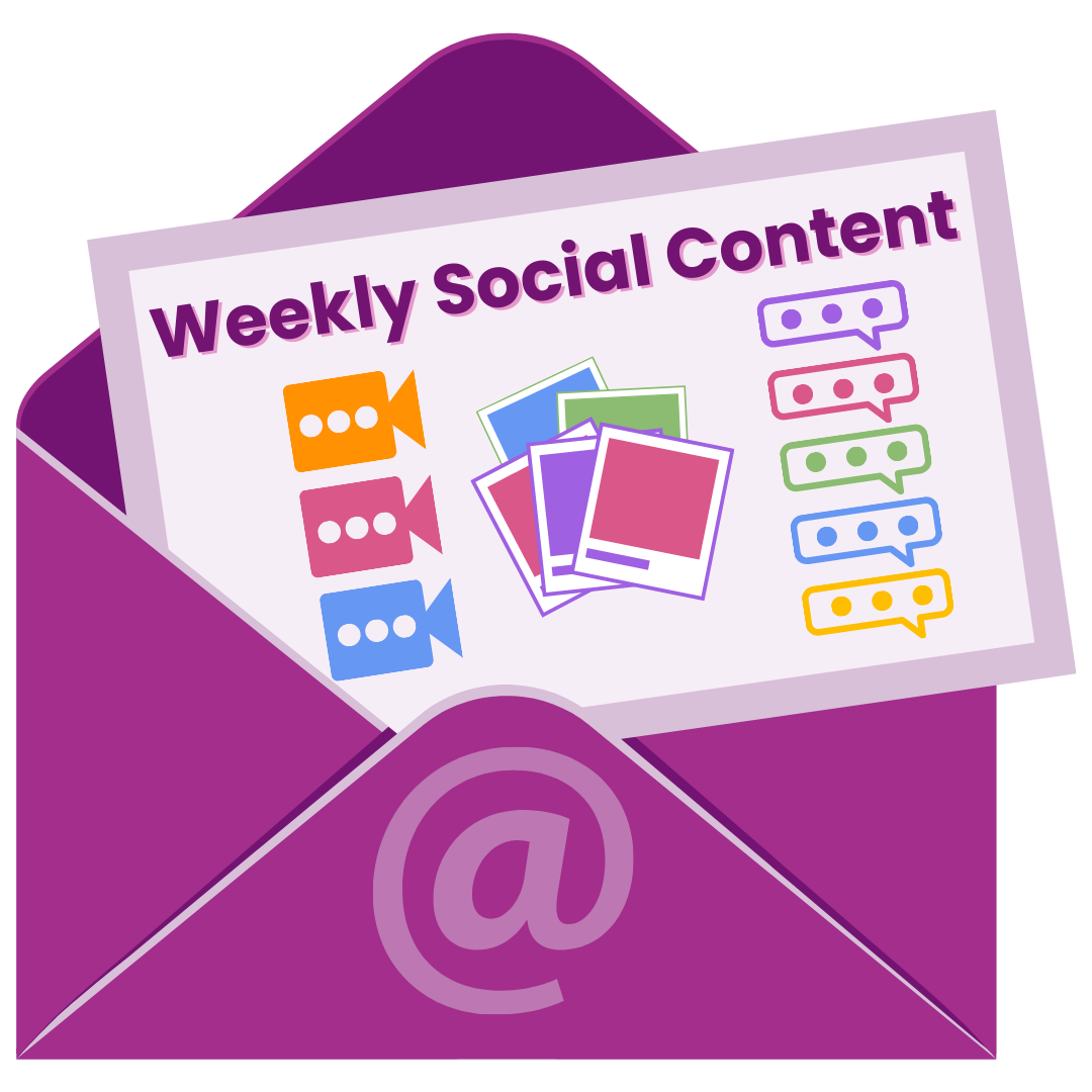 An email envelope is open and a card is coming out. The card say "Weekly Social Content and includes 3 video prompts, 5 image templates, and 5 caption prompts.
