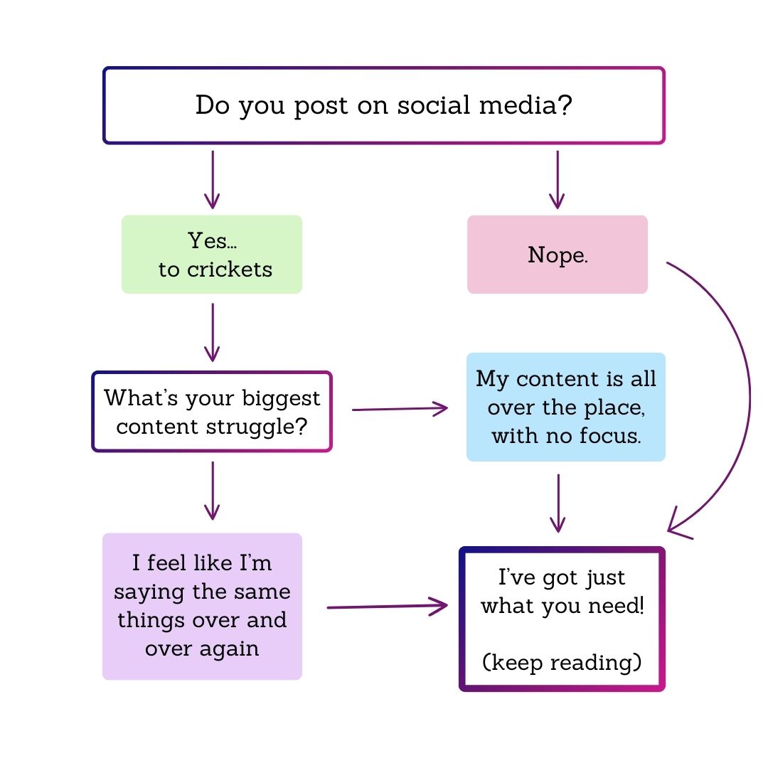 Flowchart: Do you post on social media. If no, I've got what you need... If yes, what's your biggest content struggle? Either "my content is all over the place with no focus" or "I feel like I'm saying the same things over and over again. Either way, I've got just what you need! Keep reading...