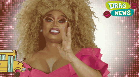 GIF of a drag queen with big hair and pink dress. An illustration of a school bus drives across the image. "Struggle bus" is written on the bus.