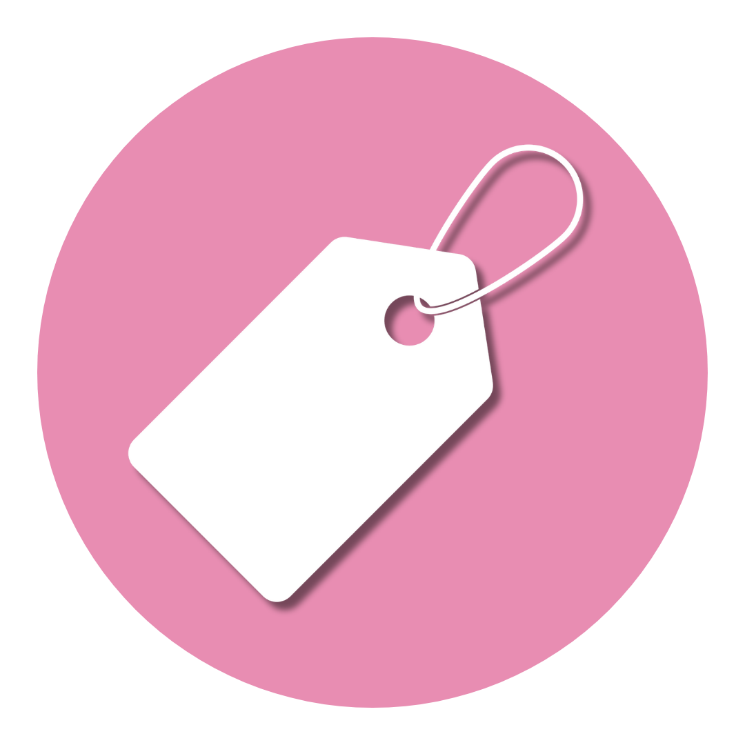 A pink circle with a white price tag icon.