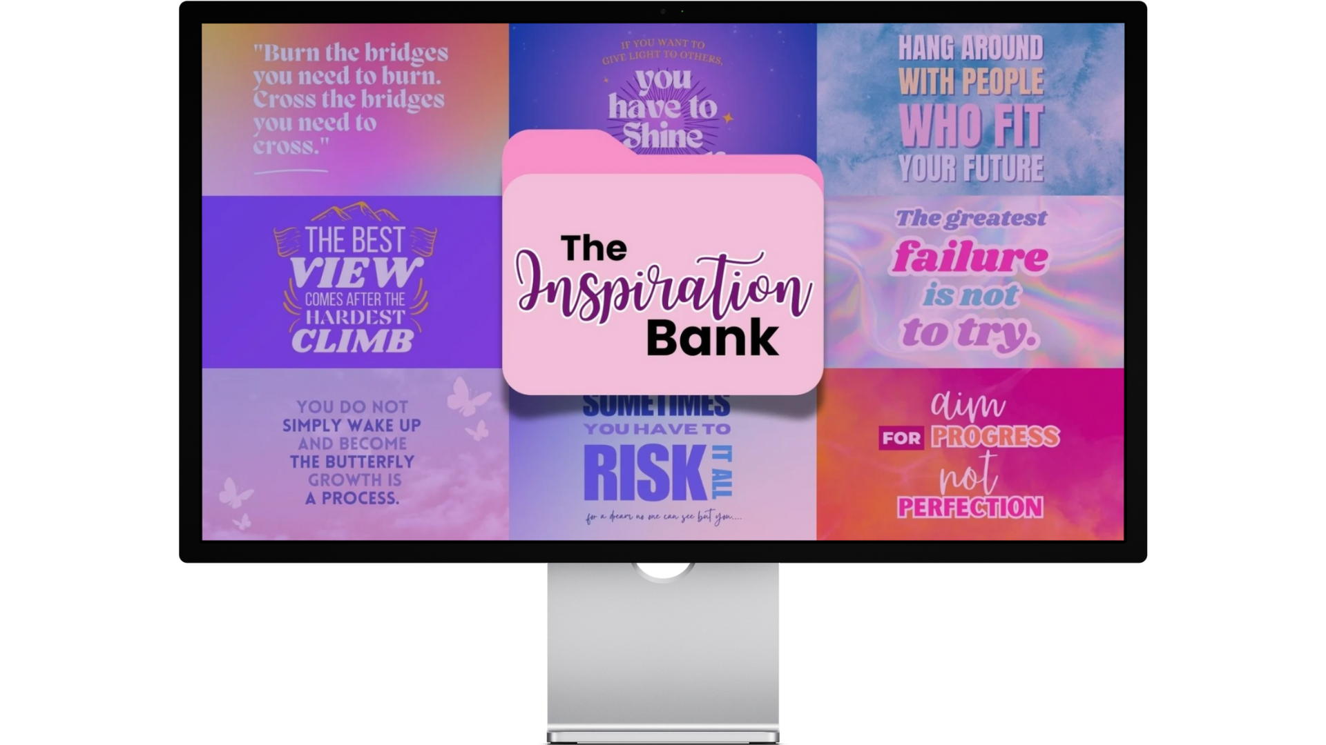 The Inspiration Bank. 8 examples of quotes are also pictured on the mockup displayed in a computer monitor.