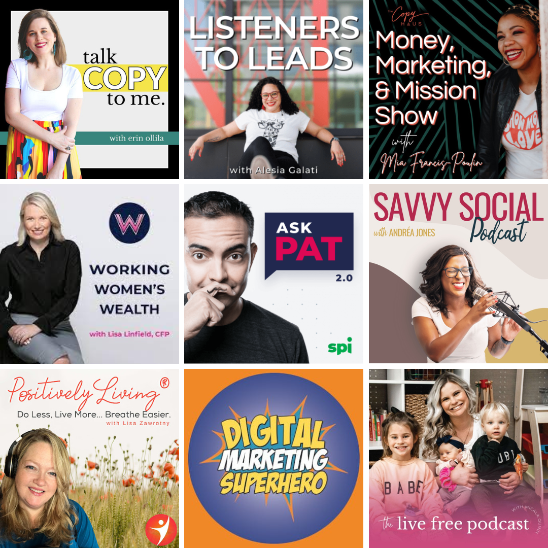 Podcasts Meg has been featured on: Talk Copy to Me with Erin Ollila, Listeners to Leads with Alesia Galati, Money Marketing and Mission Show with Mia Francis-Poulin, Working Woman's Wealth with Lisa Linfield, CFP, Ask Pat 2.0 with Pat Flynn, Savvy Social Podcast with Andréa Jones, Positively Living with Lisa Zawrotney, Digital Marketing Superhero with Amanda Webb, The Live Free Podcast with Micala Quinn.