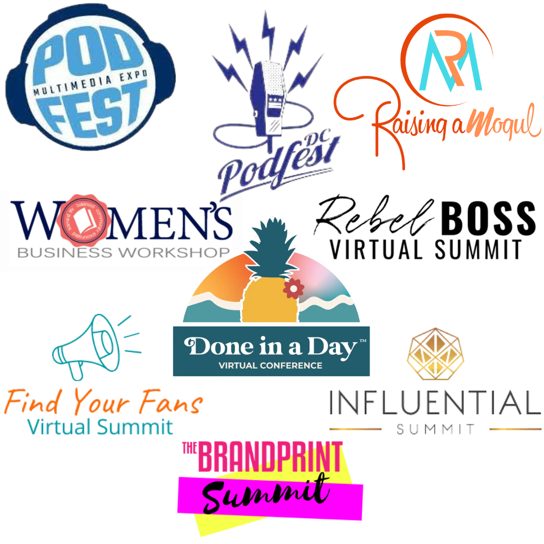 Summits Meg has been featured on: PodFest, DC PodFest, Raising a Mogul, Women's Business Workshop, Rebel Boss Virtual Summit, Done in a Day Virtual Summit, Find your Fans Virtual Summit, The Brandprint Summit, Influential Summit.