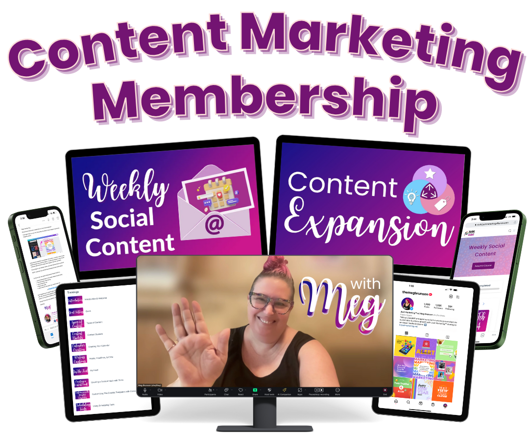 Content Marketing Membership. A mockup showing different components of the benefits of joining. Weekly Social Content and Content Expansion are each mocked up in a small monitor, and the central focus is a Zoom selfie of Meg waving. Phones show an email from Meg on the left and Weekly Social Content in the membership area on the right. Tablets show the foundational trainings in the membership area on the left, and an example of the Canva templates shown in an Instagram feed.f s