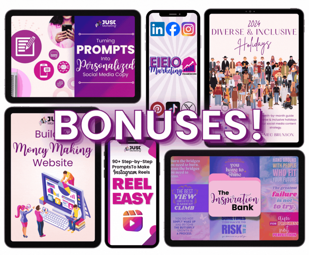 Bonuses! Each of the six bonuses is shown: Turning Prompts into Personalized Social Media Copy, EIEIO Marketing Framework and Social Media Foundations, Build a Money Making Website, Reel Easy, and the Inspiration Bank.