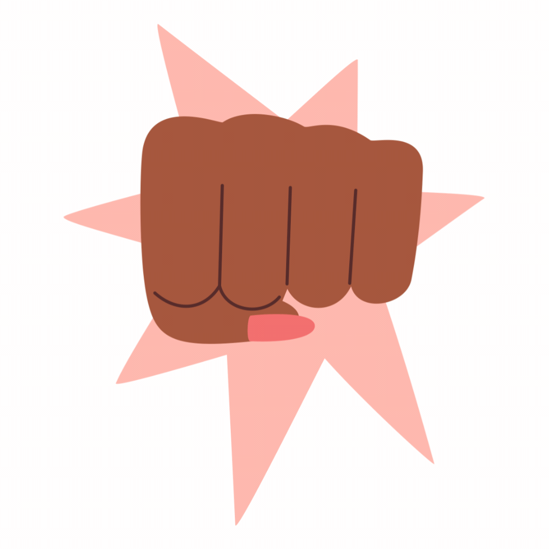 GIF: illustration of an empowering fist punching out rom the page.