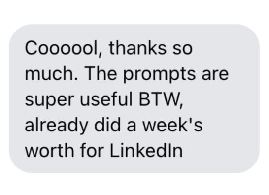 "Cool, thanks so much. The prompts are super useful BTW, already did a week's worth for LinkedIn." Screenshot.