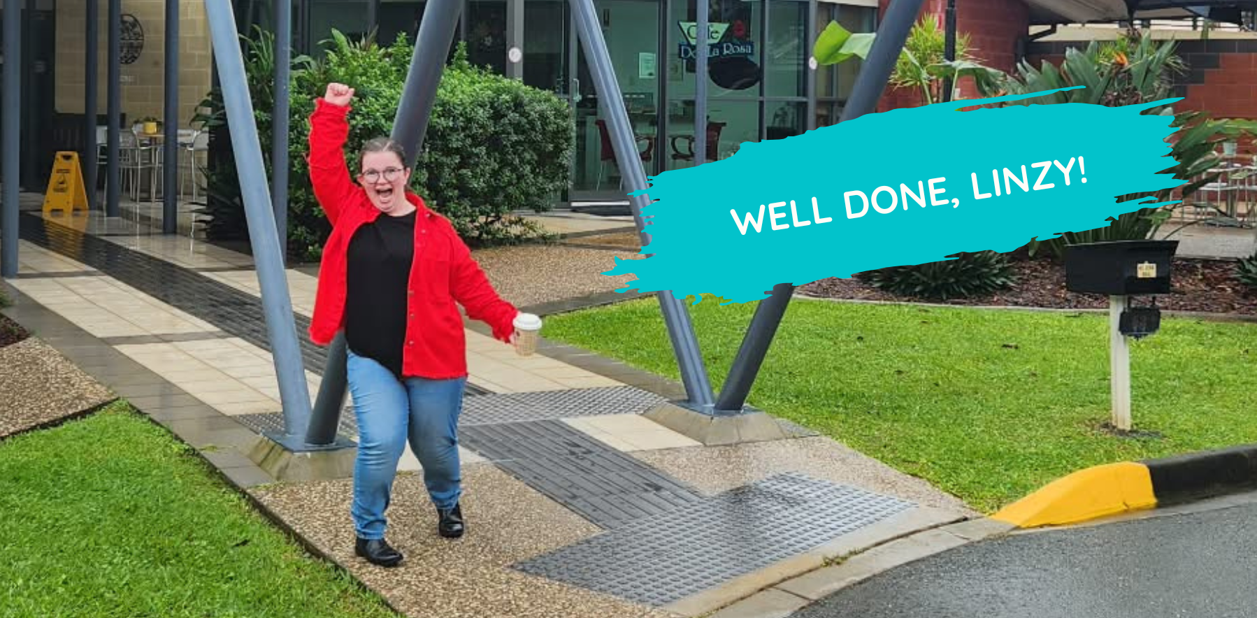 Linzy celebrating getting a position at an aged care home