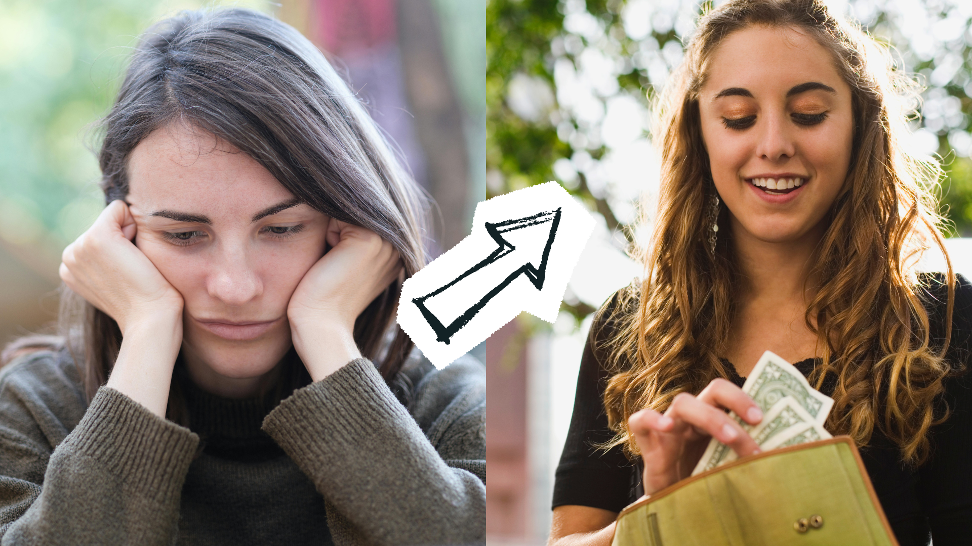 A sad teenager becoming joyful with money of her own in hand