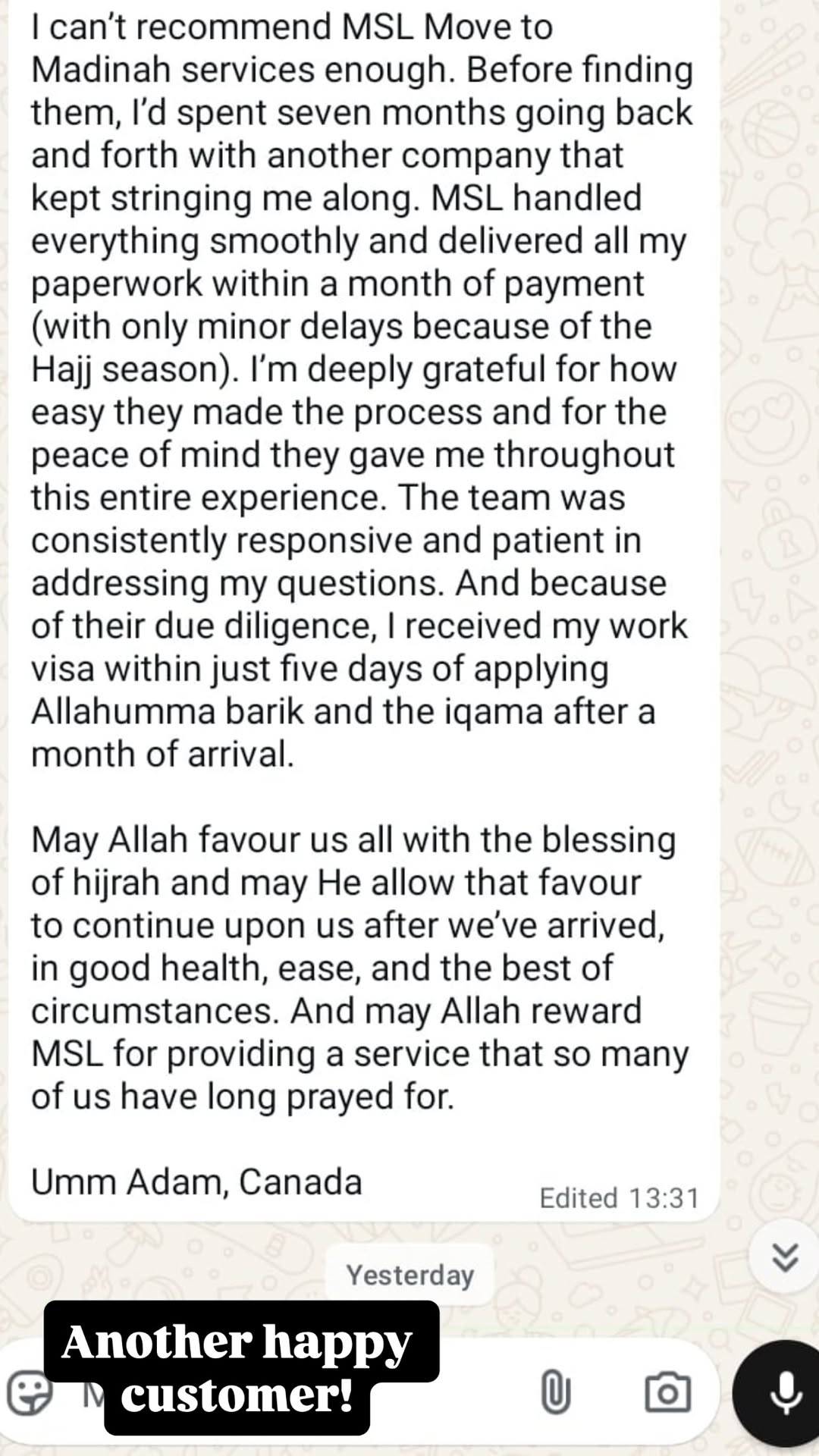 Client testimonial screenshot