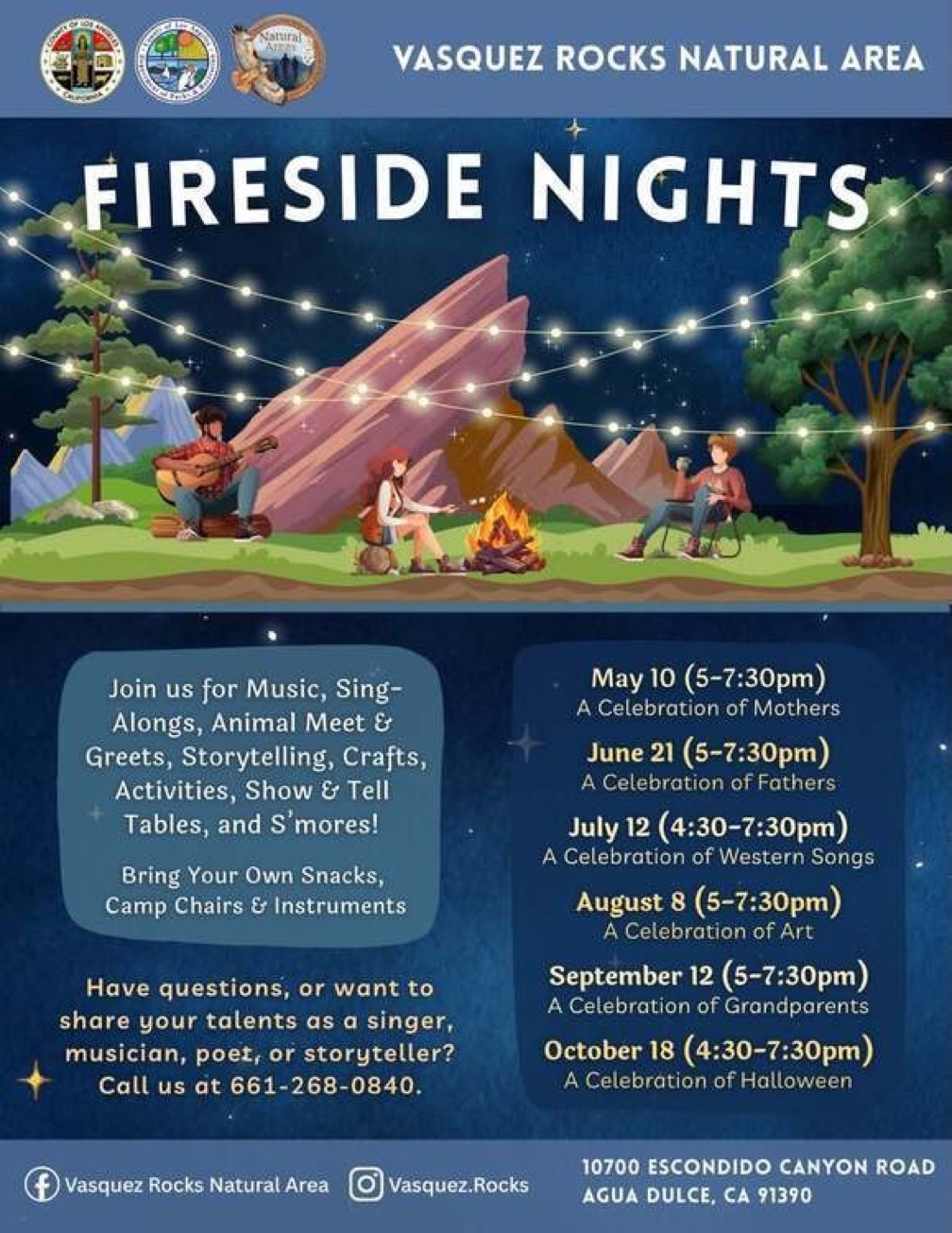 Official Fireside Nights at Vasquez Rocks event flyer