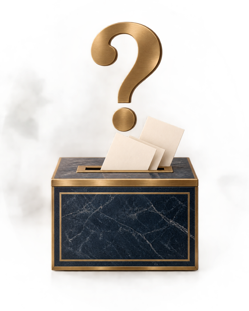 A suggestion box with blank idea cards and a question mark