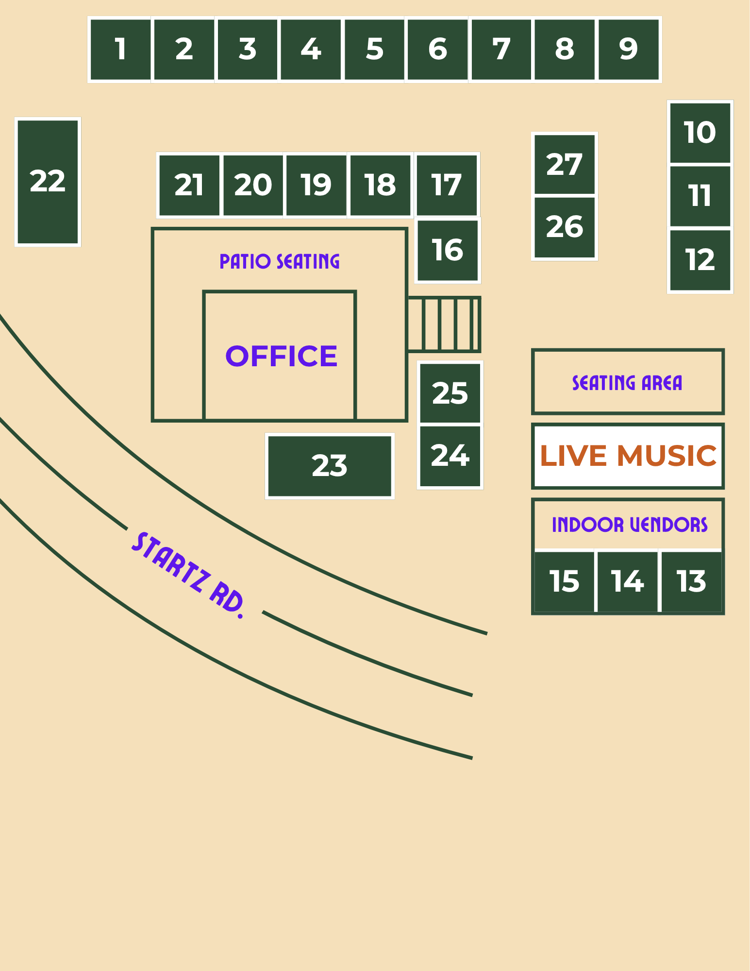 Startz Market Days booth layout map showing vendor spot numbers 1 through 27 at 8475 FM 2673, Canyon Lake, TX